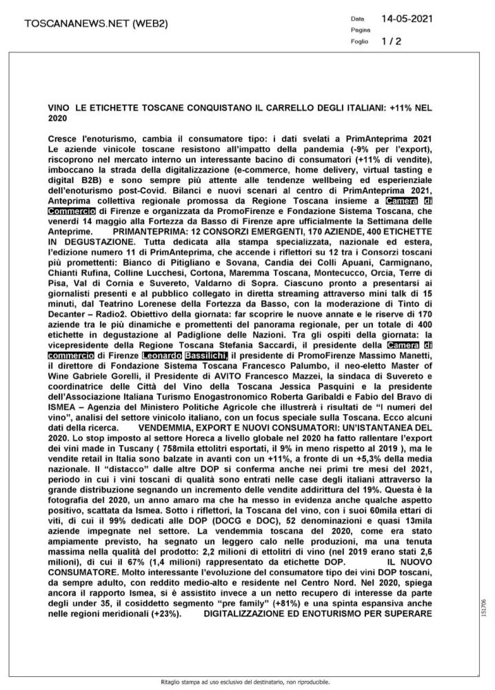 Vino - Le etichette toscane conquistano il carrello degli italiani: +11% nel 2020