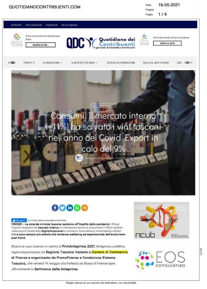 Consumi. Il mercato interno (+11%) ha salvato i vini toscani nell'anno del Covid