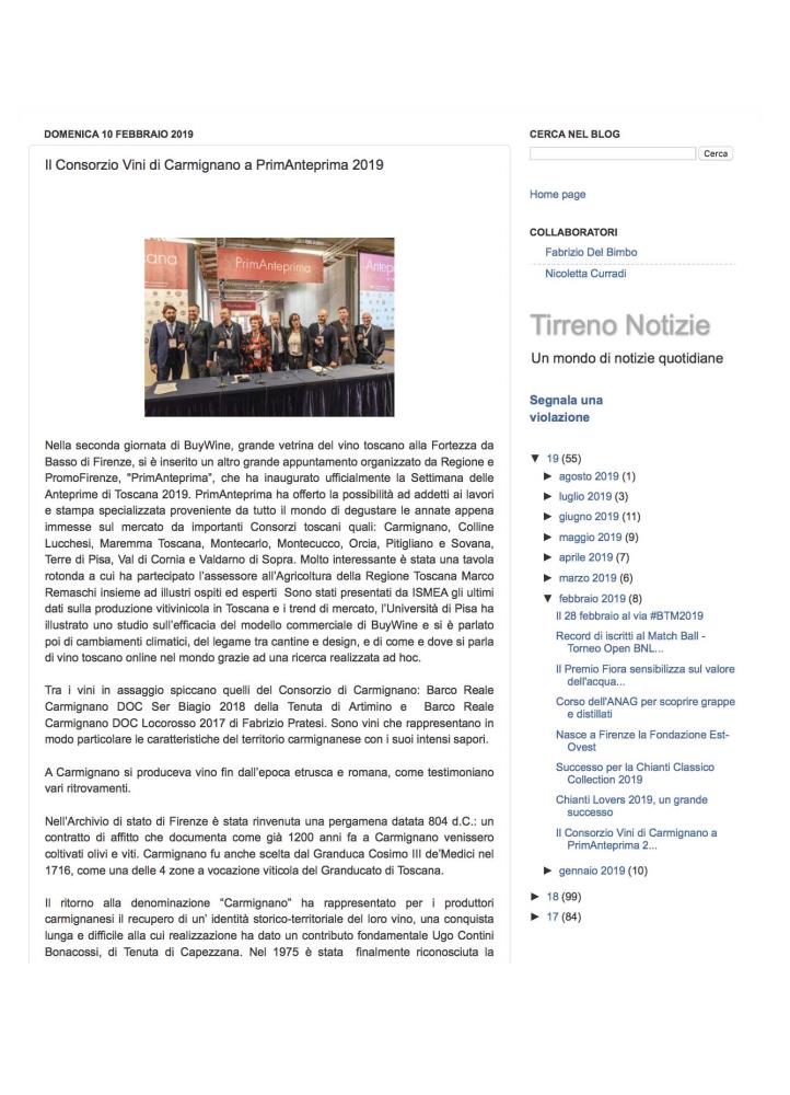 Il Consorzio Vini di Carmignano a PrimAnteprima 2019