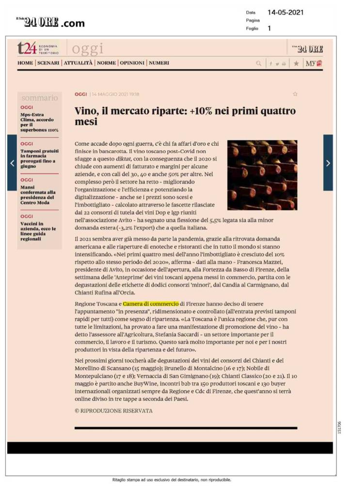 Vino, il mercato riparte: +10% nei primi 4 mesi