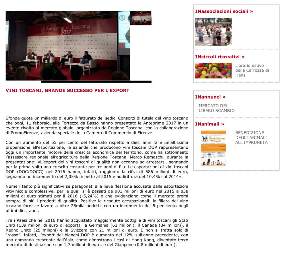 VINI TOSCANI, GRANDE SUCCESSO PER L'EXPORT
