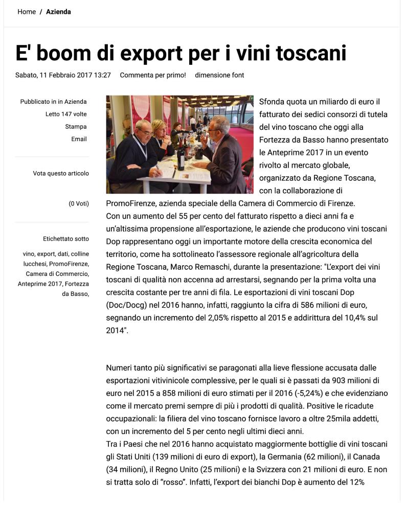E' boom dei vini toscani