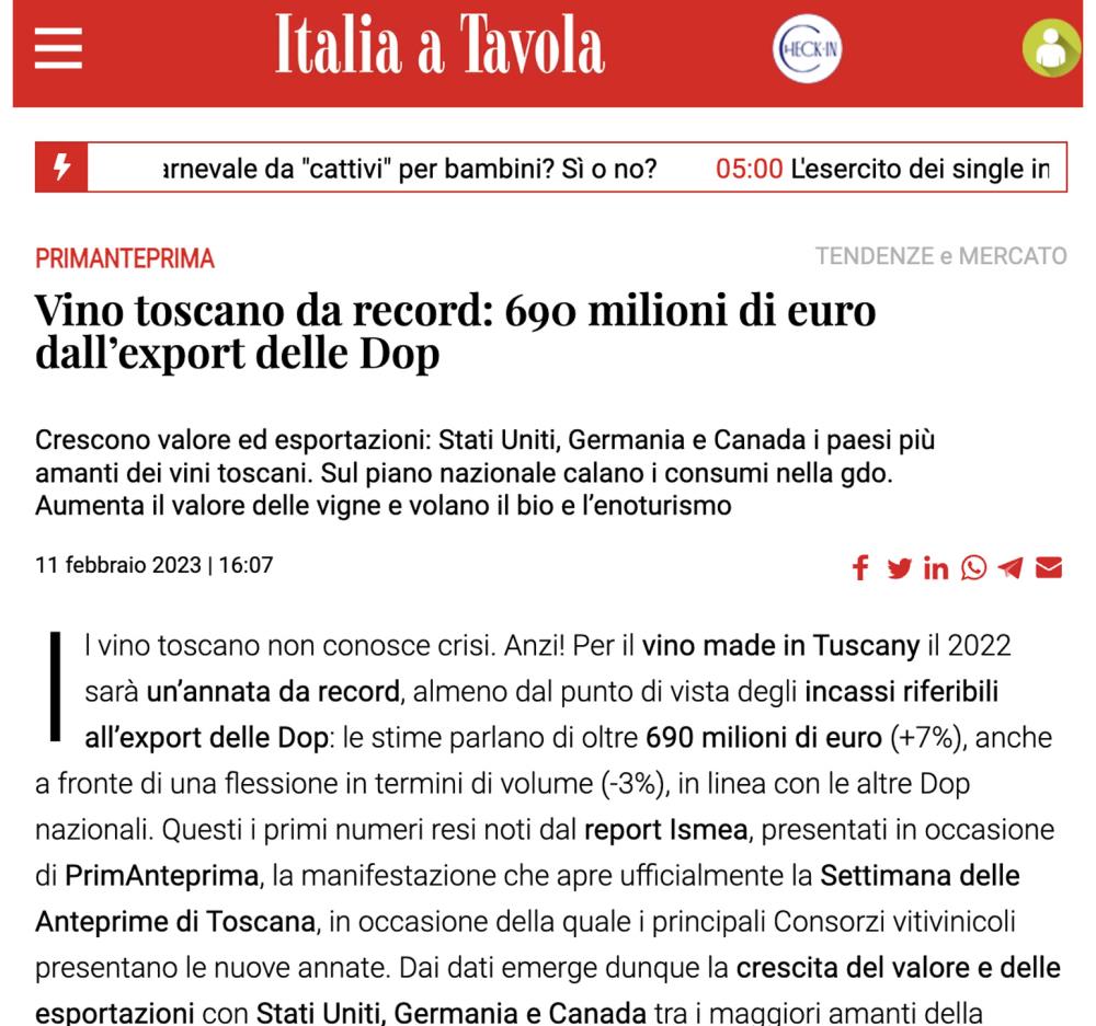 Vino toscano da record: 690 milioni di euro dall'export delle Dop