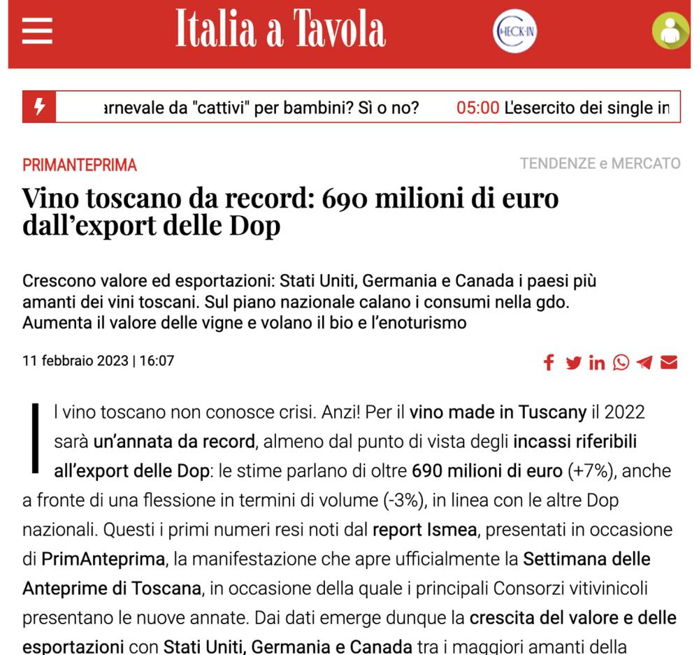 Vino toscano da record: 690 milioni di euro dall'export delle Dop