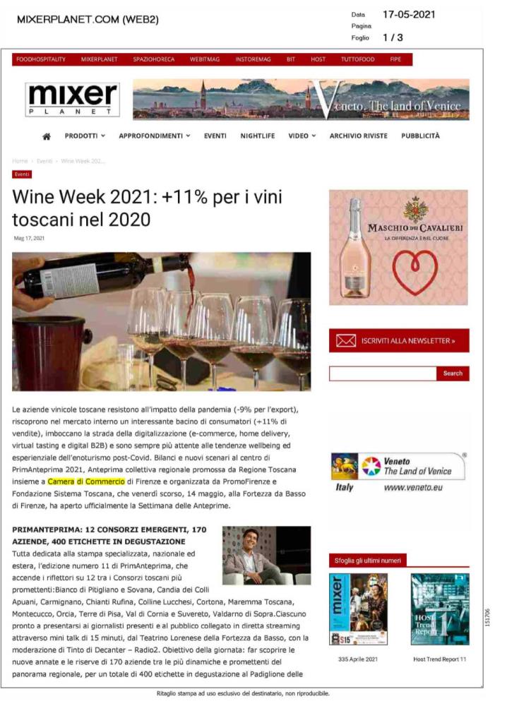 Wine Week 2021: +11% per i vini toscani nel 2020