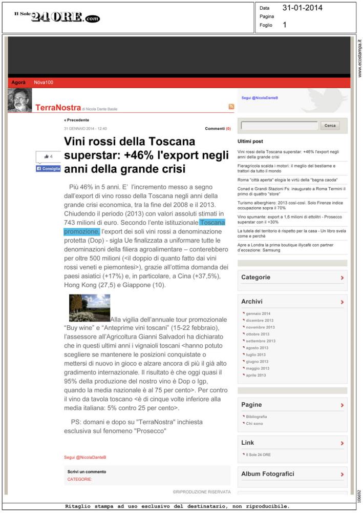 Vini rossi della Toscana superstar: +46% l'export negli anni della grande crisi
