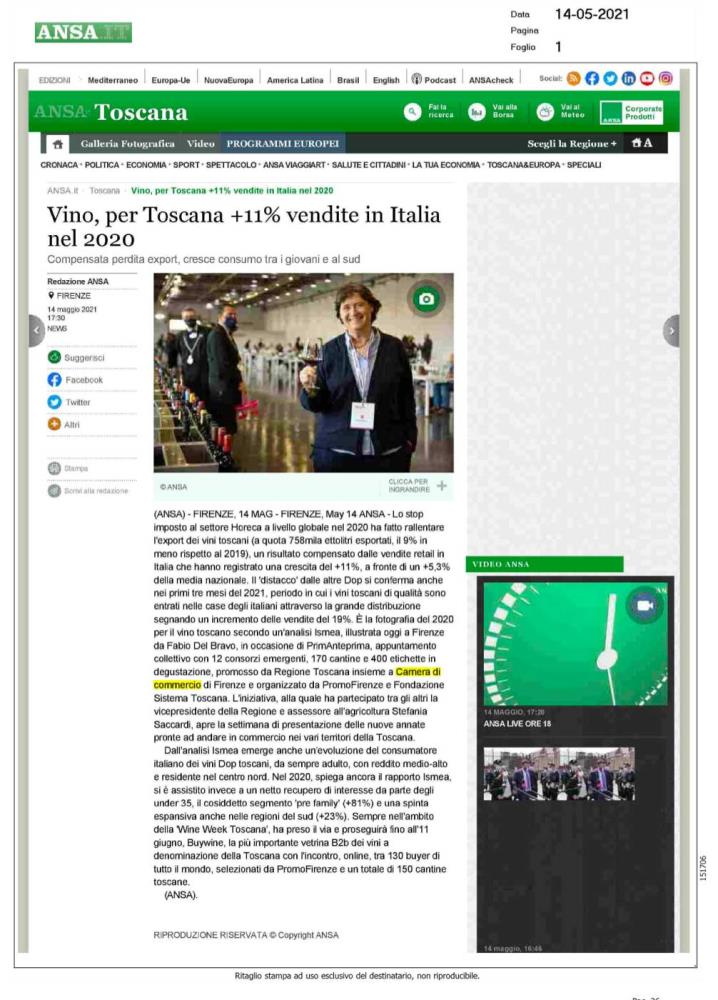 Vino, per Toscana +11% vendite in Italia nel 2020