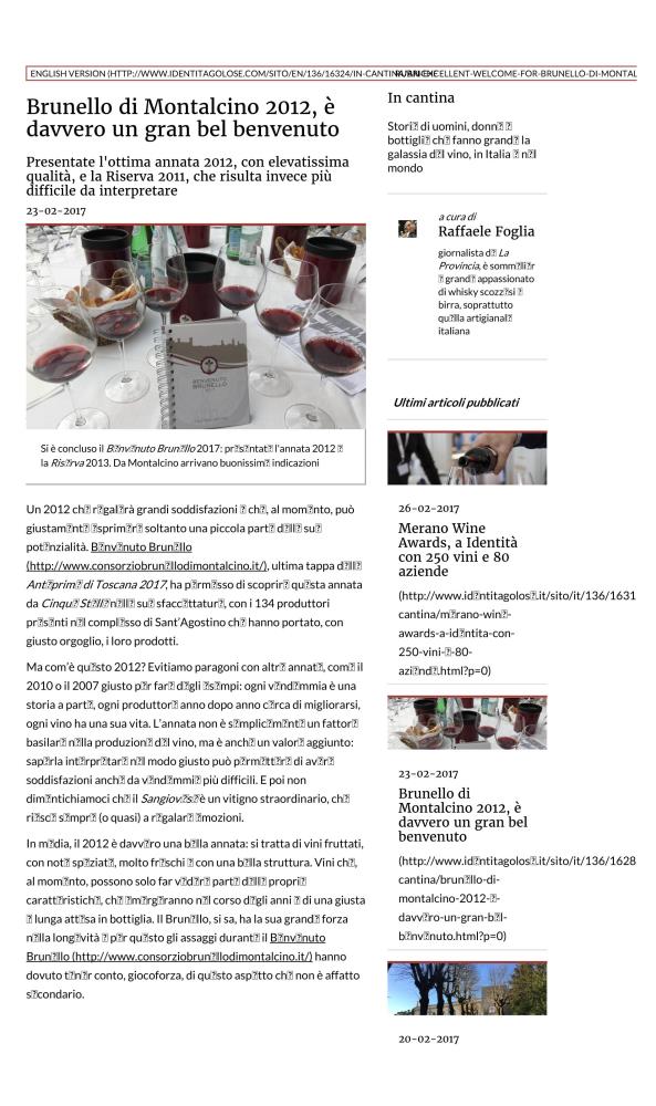 Brunello di Montalcino 2012,  davvero un gran bel benvenuto