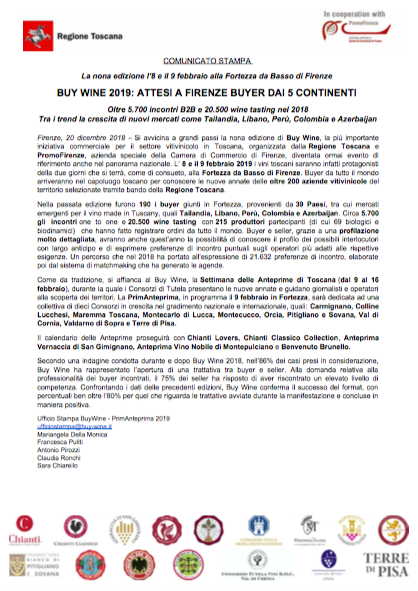 BuyWine 2019: attesi a Firenze Buyer dai 5 continenti